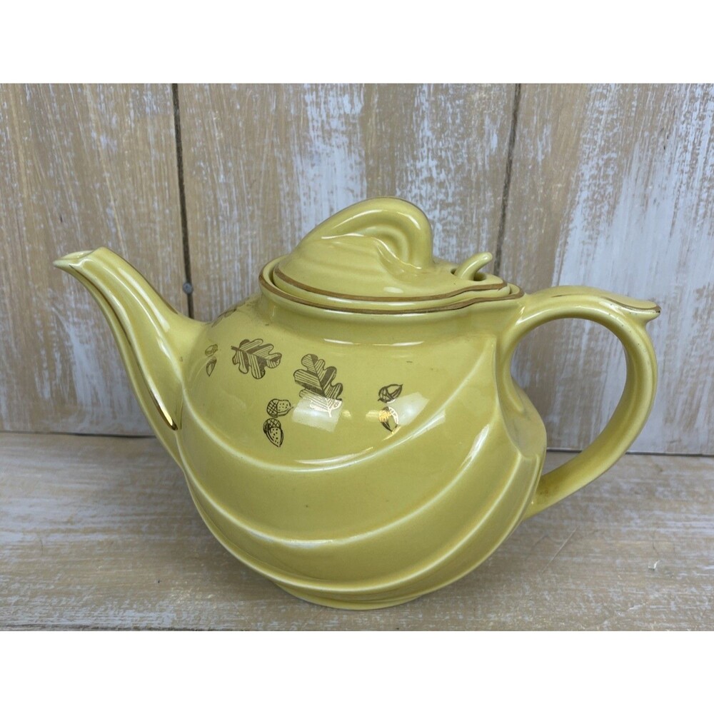Vintage Canary Yellow & Gold Hall Teapot #799 with Hinged Lid Art Deco 6 Cup USA